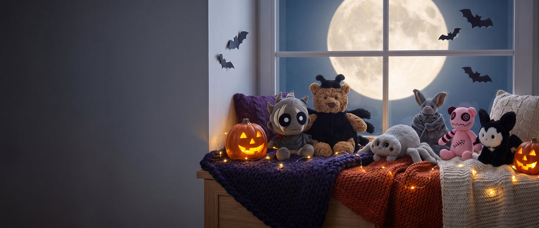 Halloween knuffels bij het raam in het maanlicht