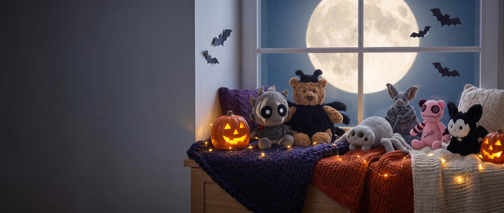 Halloween knuffels bij het raam in het maanlicht