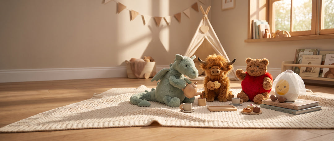 Knuffels van Milo & Moon bij een theekransje in de kinderkamer
