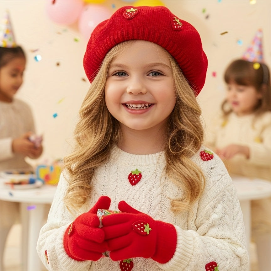 StrawBerryChic™ – 2-Delige Meisjes Beret & Handschoenen Set