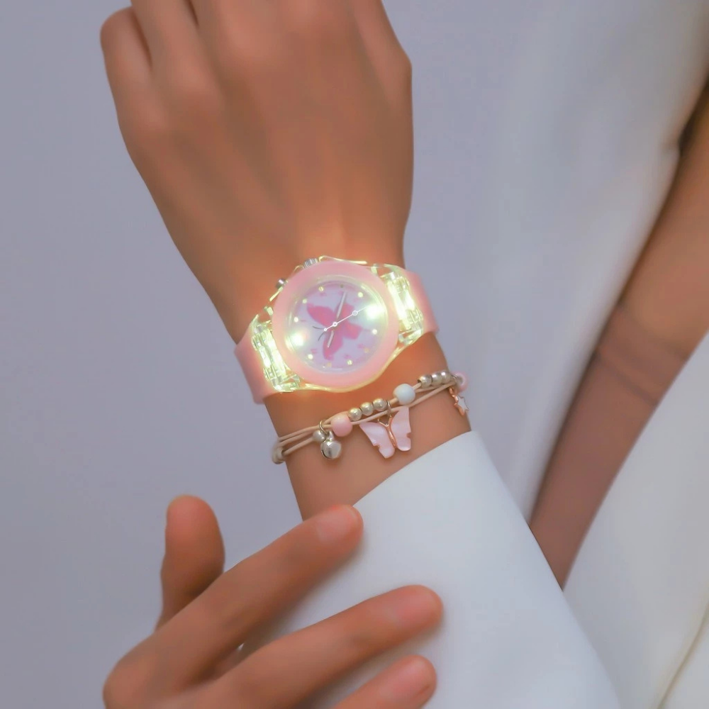 LumiFly – Meisjes Vlinder Quartz Horloge Set – LED Gloeiend Silicone Horloge met Armband