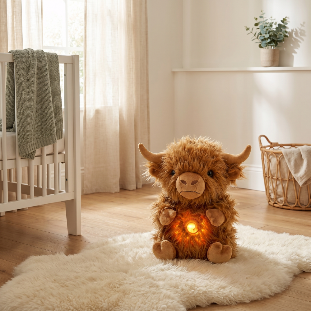 CozyCow – Ademende Highland Koe Slaapknuffel met Licht & Geluid