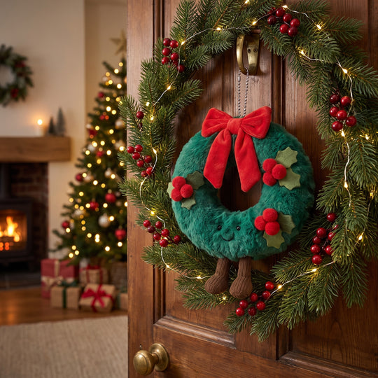 WreathBuddy – Peluche Colgante de Corona de Navidad con Lazo Rojo