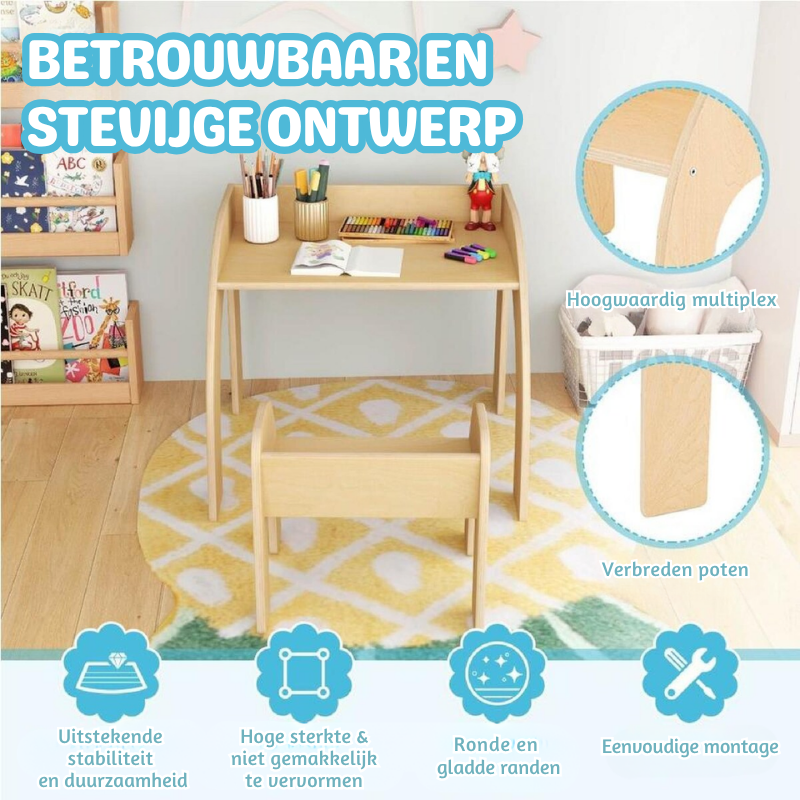 MiniCurve™ Montessori Houten Kinder Tafelset – Compacte Speeltafel met Stoel (3 jaar+)