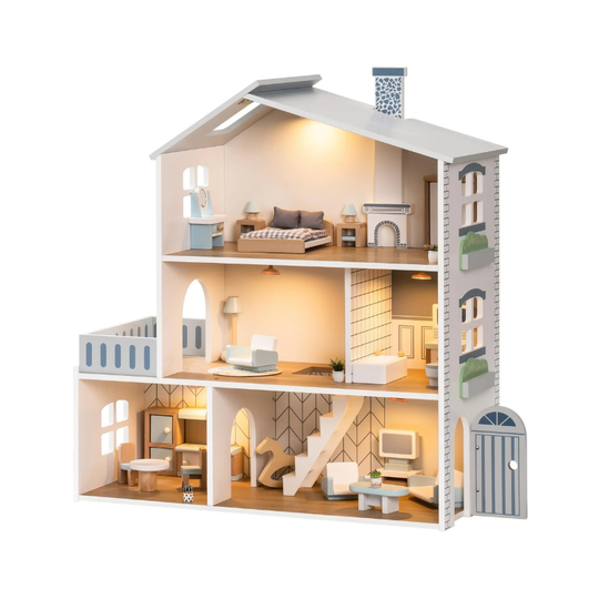 MiniWorld™ – Houten Poppenhuis met 6 Kamers Speelhuis voor Kinderen