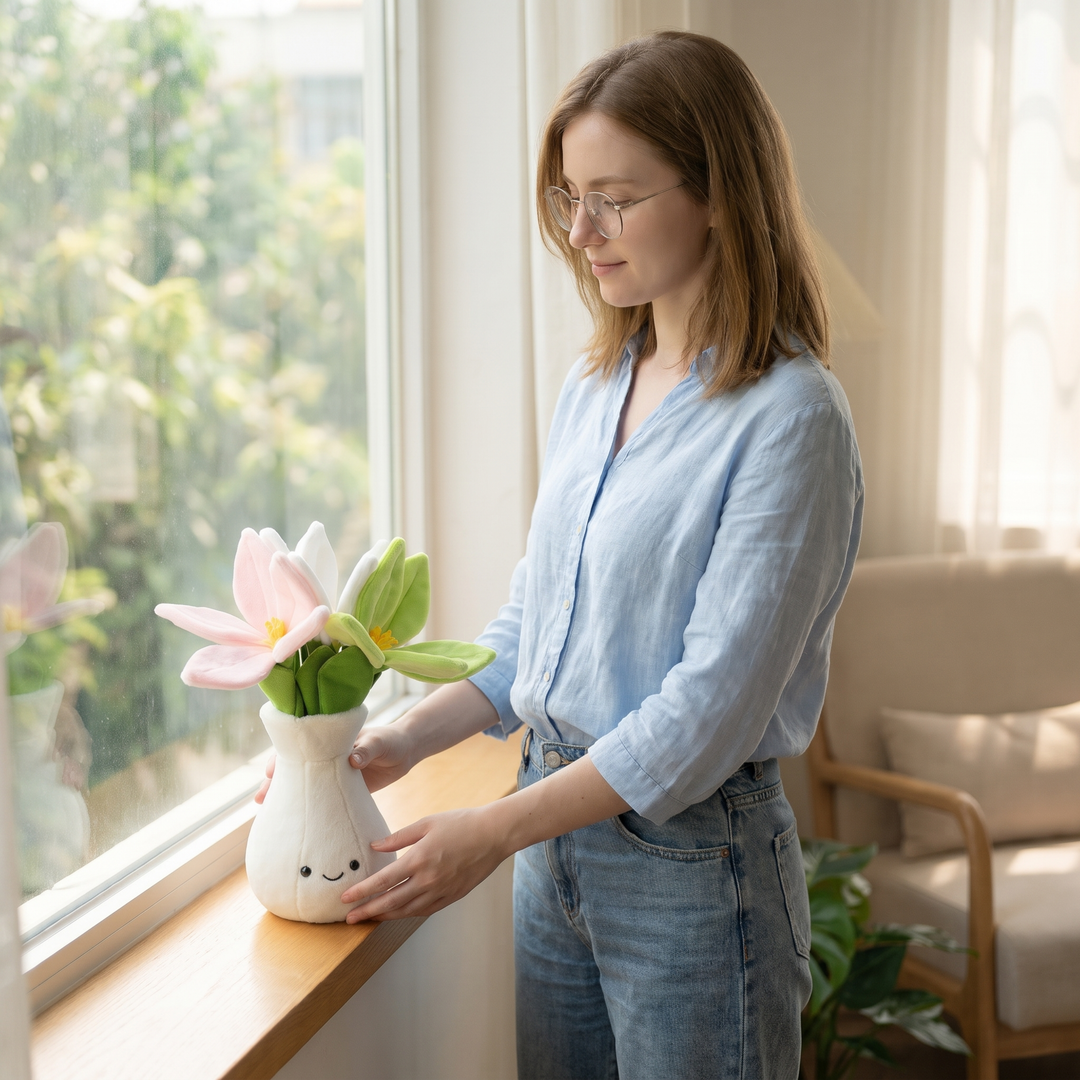 FlowerBuddy – Pluche Bloemen in Glimlachende Vaas