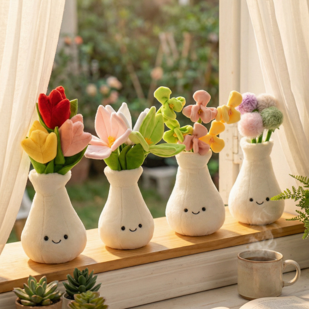 FlowerBuddy – Pluche Bloemen in Glimlachende Vaas