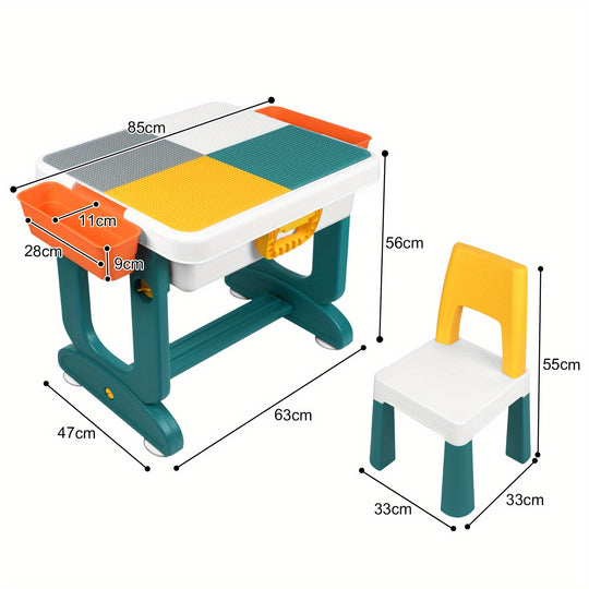 BuildPlay™ Kinder Speeltafel Set – Tafel met 2 Stoelen, Dubbelzijdig Bouwblokken Tafelblad & Opbergbak