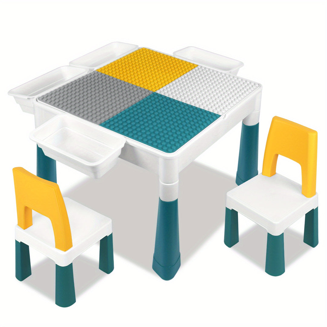 BuildPlay™ Kinder Speeltafel Set – Tafel met 2 Stoelen, Dubbelzijdig Bouwblokken Tafelblad & Opbergbak