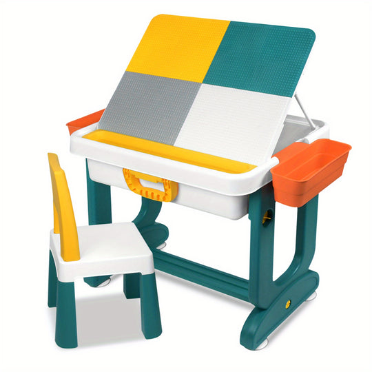 BuildPlay™ Kinder Speeltafel Set – Tafel met 2 Stoelen, Dubbelzijdig Bouwblokken Tafelblad & Opbergbak
