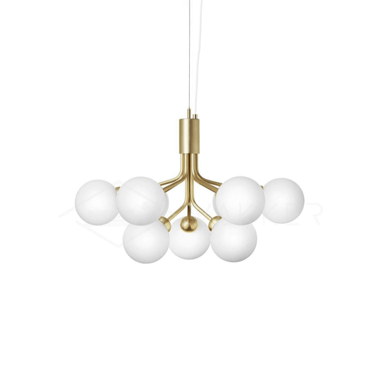 Koperen bollen kroonluchter met wit glas