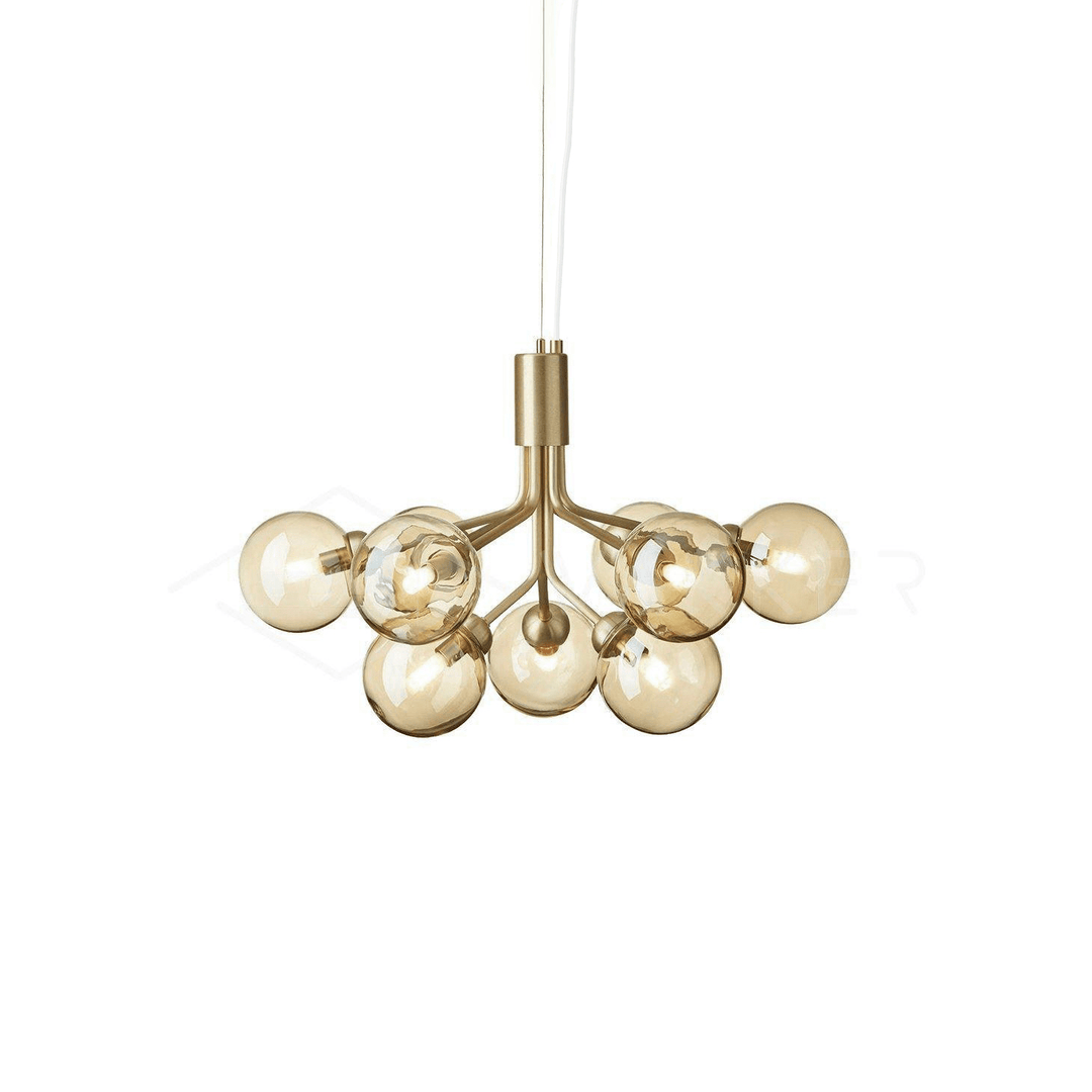 Koperen bollen kroonluchter met amber glas