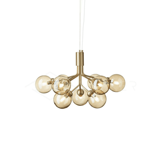 Koperen bollen kroonluchter met amber glas