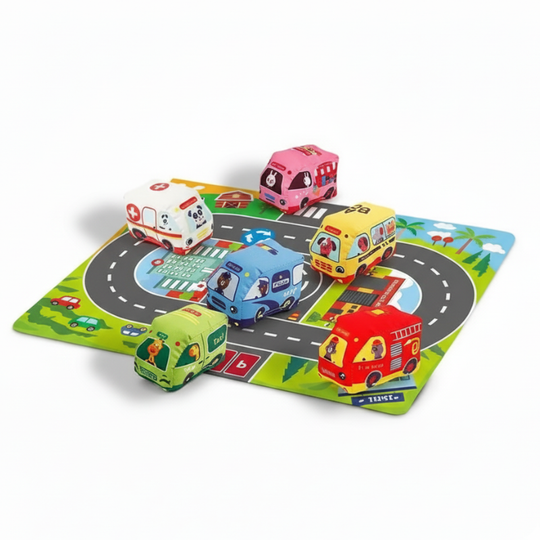 CityCuddle™ – Montessori Pluche Voertuigenset – Zachte Auto’s met Speelmat