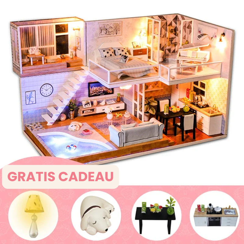WoodCraftVilla™ – DIY Houten Poppenhuis met Meubels – Creatieve Bouwset