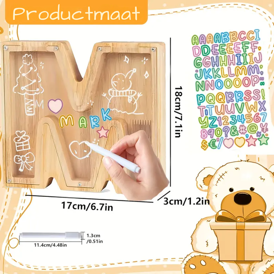 AlphaBank™ – Houten Spaarpot met Alfabet – Kleurrijk & Duurzaam