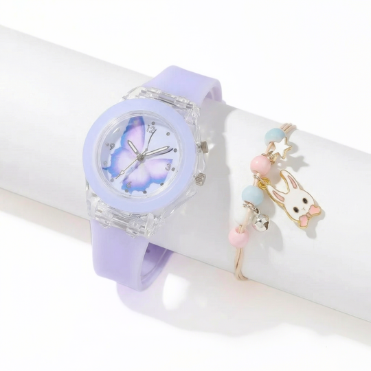 LumiFly – Meisjes Vlinder Quartz Horloge Set – LED Gloeiend Silicone Horloge met Armband