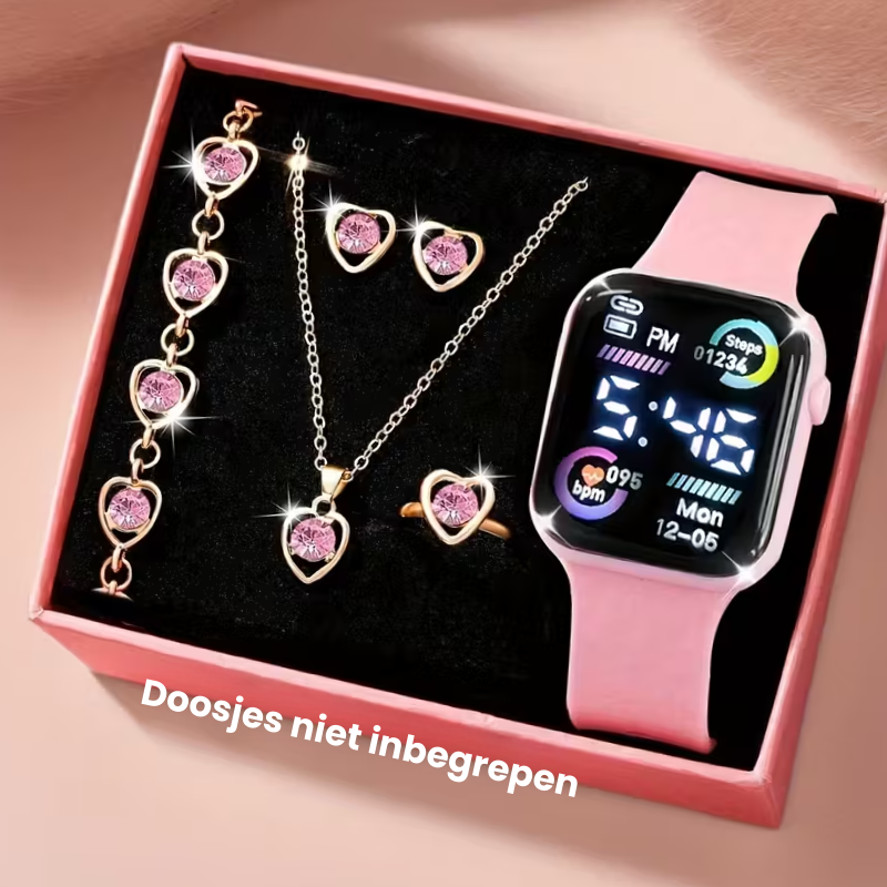 GlamTime™ – 6-delige Fashion Sieraden & Elektronisch Horloge Set