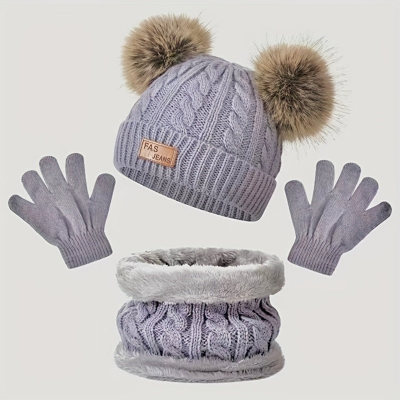PomFun™ – Meisjes 3-delige Winter Set – Muts, Handschoenen & Nekwarmer