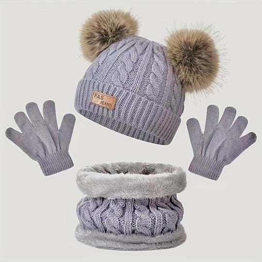 PomFun™ – Meisjes 3-delige Winter Set – Muts, Handschoenen & Nekwarmer