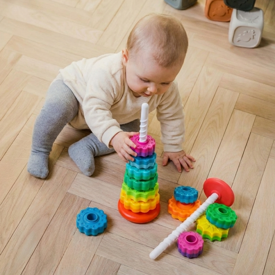 SpinTower – Draaiend Stapelspeelgoed voor Baby’s