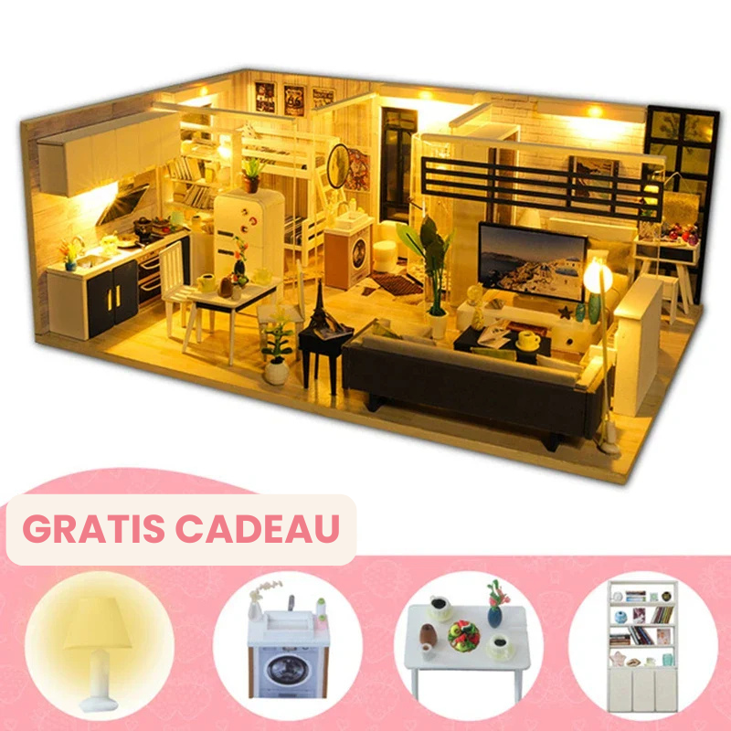 WoodCraftVilla™ – DIY Houten Poppenhuis met Meubels – Creatieve Bouwset
