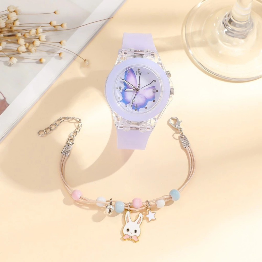 LumiFly – Meisjes Vlinder Quartz Horloge Set – LED Gloeiend Silicone Horloge met Armband