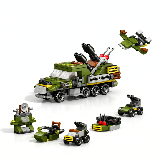 DefenseBuilder – 6-in-1 Militair Voertuig Bouwset (138 Stuks)