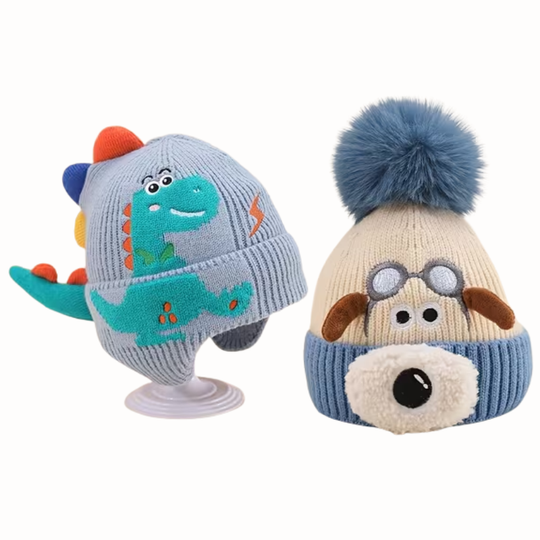 DinoPupWarm™ – Kinderen Wintermuts Set – Dino & Puppy Gebreide Beanies