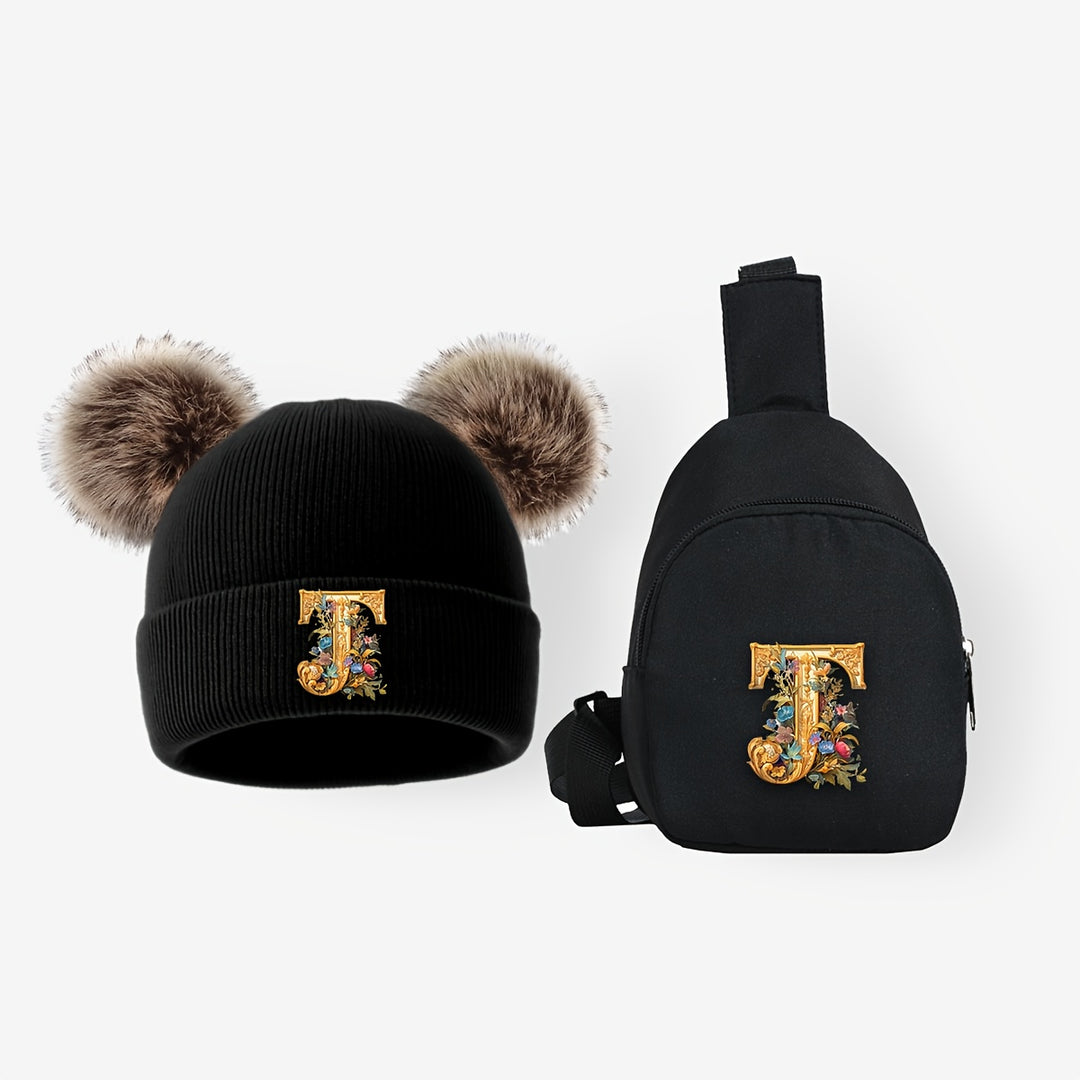 LetterFun™ – Luxe Gebreide Muts & Chest Bag Set – Winter Outfit Kinderen