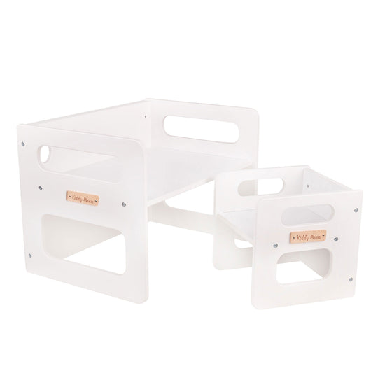 KiddMoon™ Montessori Kinder Tafelset – Houten Speeltafel met Stoel & Bank (2 jaar+) – Grijs Hardhout Multiplex