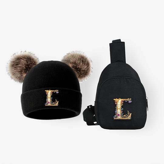 LetterFun™ – Luxe Gebreide Muts & Chest Bag Set – Winter Outfit Kinderen
