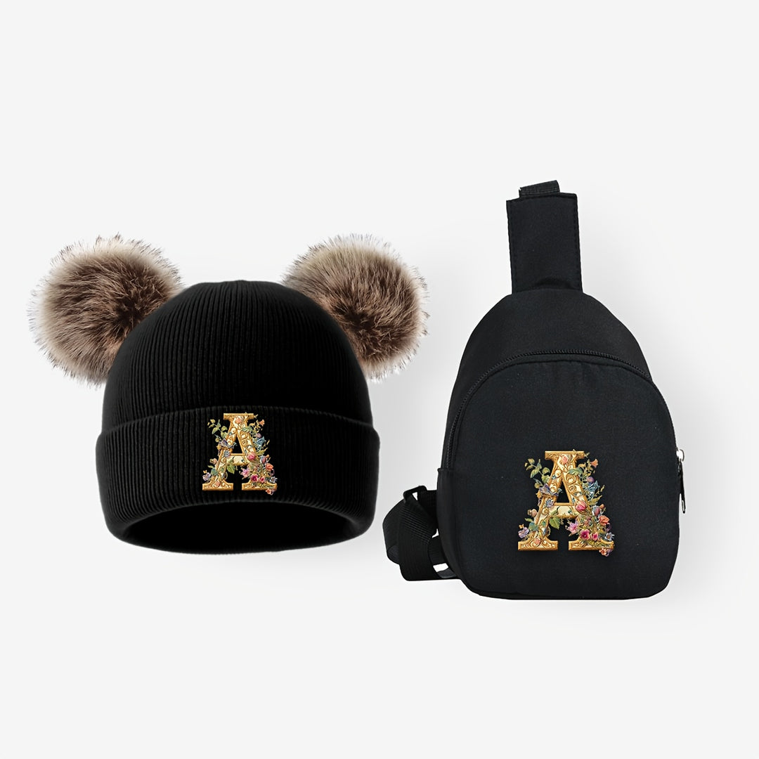 LetterFun™ – Luxe Gebreide Muts & Chest Bag Set – Winter Outfit Kinderen