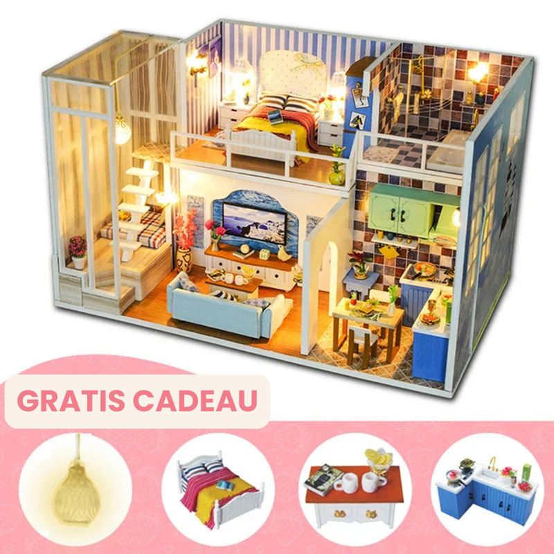WoodCraftVilla™ – DIY Houten Poppenhuis met Meubels – Creatieve Bouwset