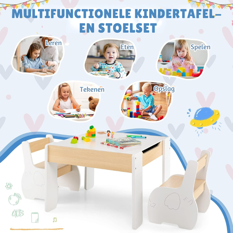 FlipTop™ Montessori Kinder Tafelset – Houten Speeltafel met 2 Stoelen & Opbergvak, Opklapbaar Tafelblad (3 jaar+) – Wit
