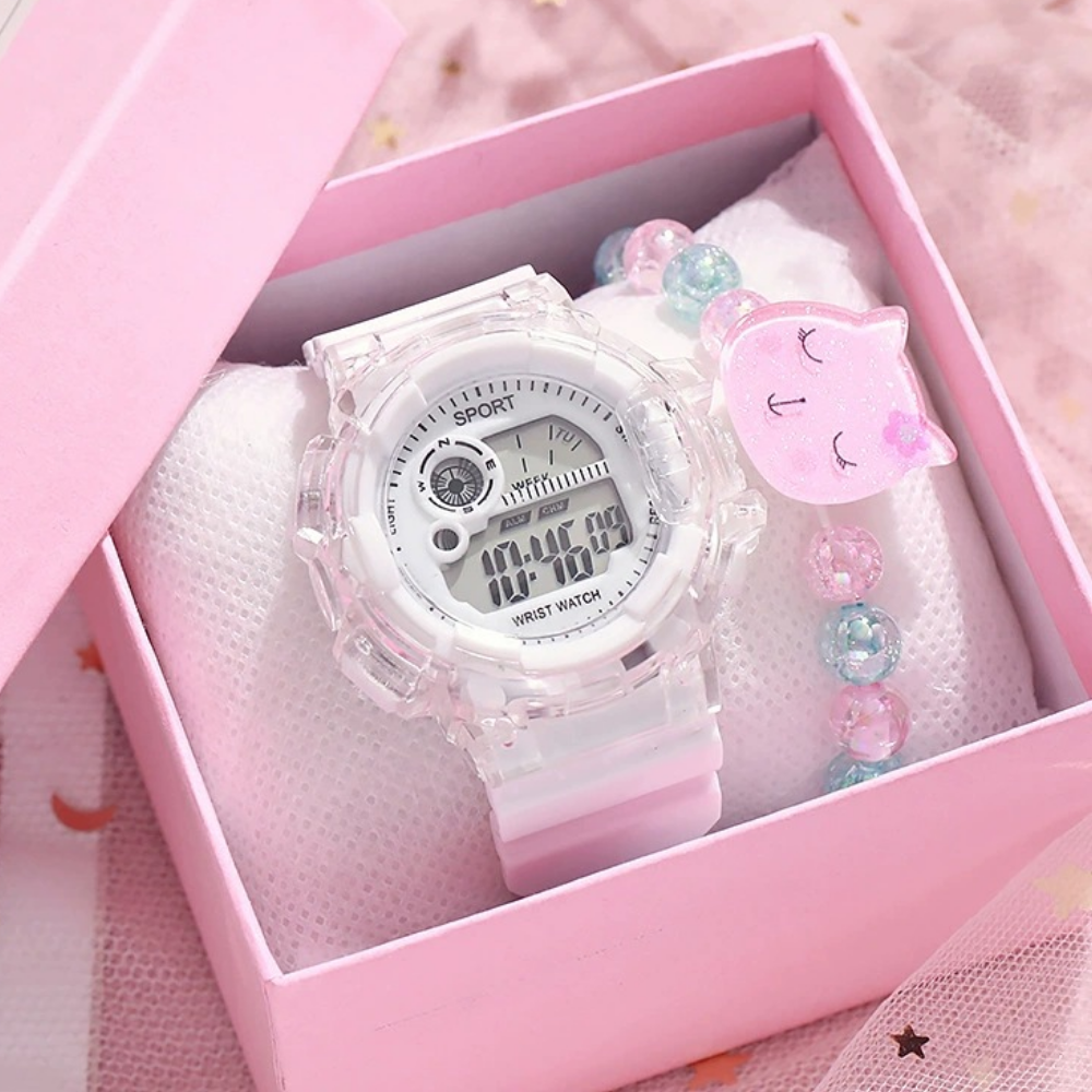 KittyGlow – Digitaal Sporthorloge & Bedelarmband Set
