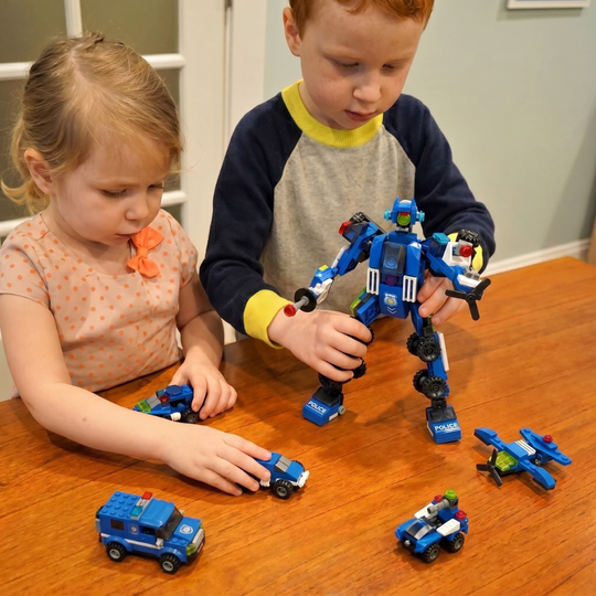 MechaPolice – 6-in-1 Politie Robot & Voertuig Bouwset (135 Stuks)