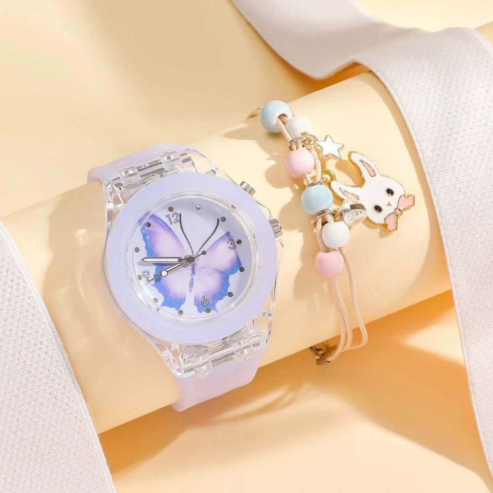 LumiFly – Meisjes Vlinder Quartz Horloge Set – LED Gloeiend Silicone Horloge met Armband