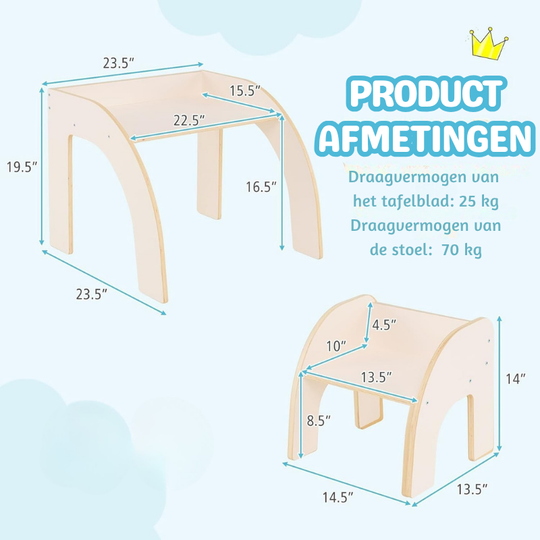 MiniCurve™ Montessori Houten Kinder Tafelset – Compacte Speeltafel met Stoel (3 jaar+)