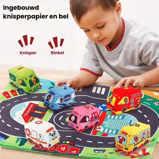 CityCuddle™ – Montessori Pluche Voertuigenset – Zachte Auto’s met Speelmat