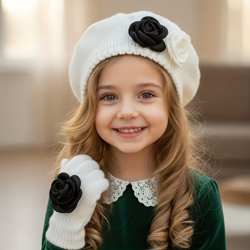 FloraWarm™ – 2-Delige Meisjes Beret & Handschoenen Set