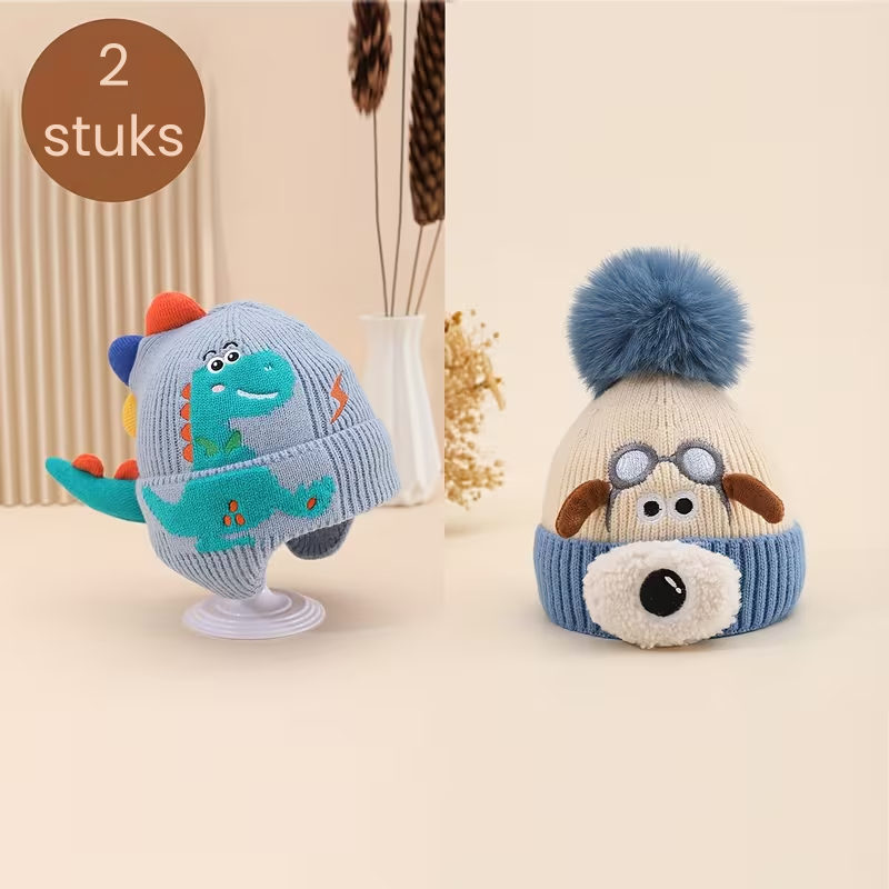 DinoPupWarm™ – Kinderen Wintermuts Set – Dino & Puppy Gebreide Beanies