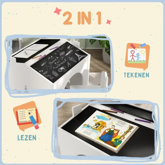 WhiteBoardPlay™ Kinder Tafelset – 3-delige Houten Speeltafel met Schoolbord & 2 Stoelen (3-8 jaar)