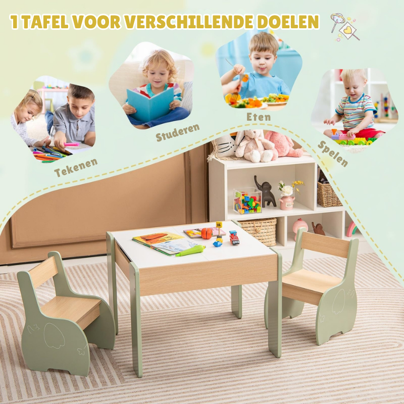 SpinTop™ Montessori Kinder Tafel set – Houten Speeltafel met 2 Stoelen & Draaibaar Verwijde baar Tafelblad