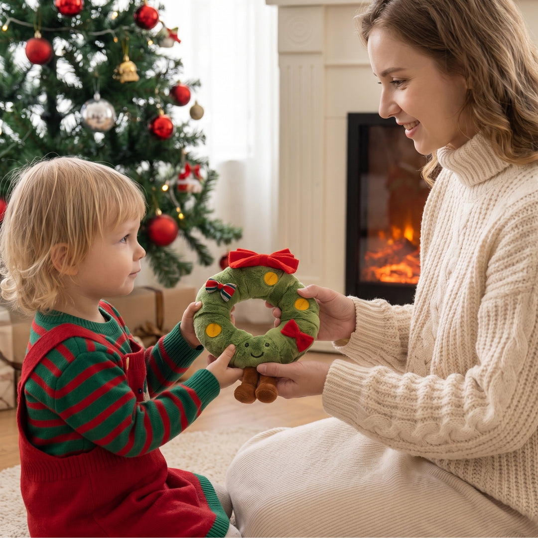 WreathBuddy – Peluche Colgante de Corona de Navidad con Lazo Rojo