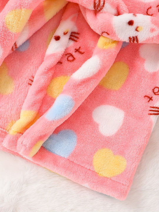 KittyCuddle™ – Meisjes Badjas van Flanel met Capuchon & Kattenprint