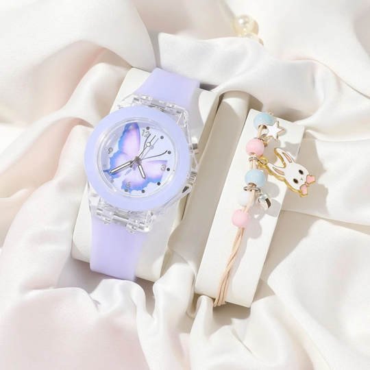 LumiFly – Meisjes Vlinder Quartz Horloge Set – LED Gloeiend Silicone Horloge met Armband