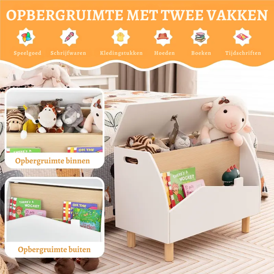 WoodLand™ – Houten Speelgoedkist met Plank – Ruime & Veilige Opbergbox voor Kinderen