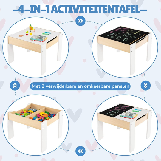 FlipTop™ Montessori Kinder Tafelset – Houten Speeltafel met 2 Stoelen & Opbergvak, Opklapbaar Tafelblad (3 jaar+) – Wit