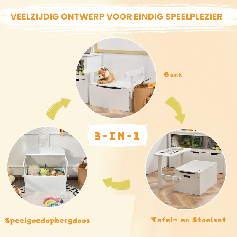 Milo & Moon® SmartSit 3-in-1 – Kinderbank, Tafel en Opbergbak in één
